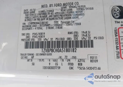 2010 Ford Mustang Gt/Gt Premium z USA, uszkodzony, nr VIN 1ZVBP8CH0A5180182